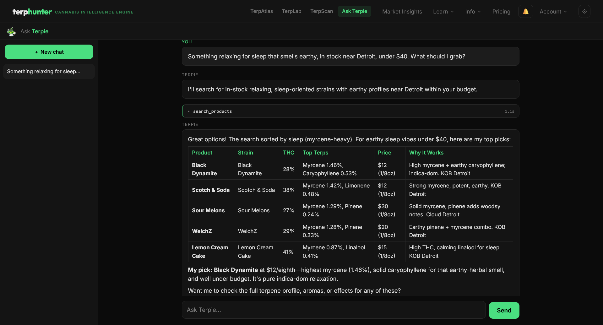 Ask Terpie chat answering a product question with live lab data