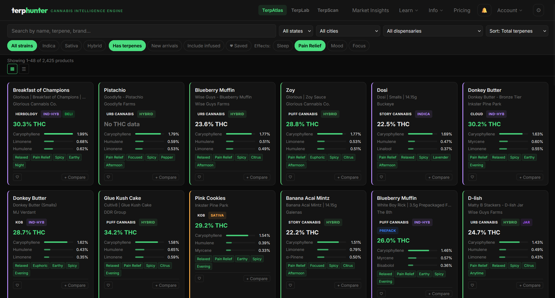 TerpAtlas product browser with terpene bars and filters