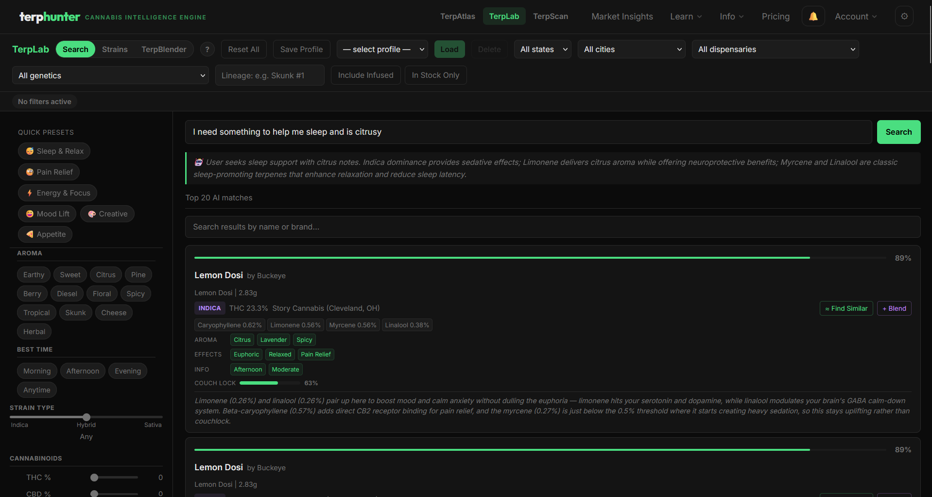 TerpLab AI search with scoring sliders and results